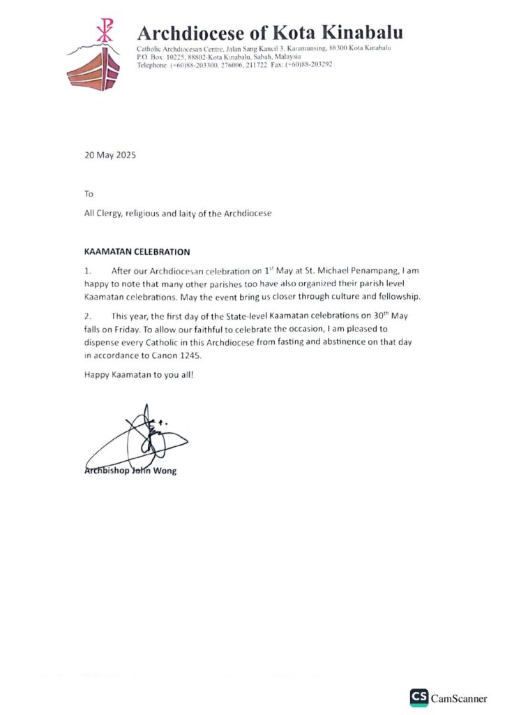 ARCHDIOCESE OF KOTA KINABALU-DISPENSE EVERY CATHOLIC IN THIS ARCHDIOCESE FROM FASTING AND ABSTINENCE (KAAMATAN CELEBRATION)