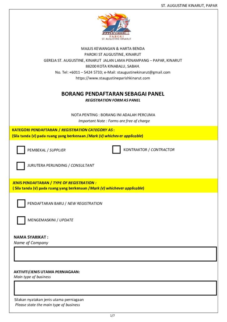 BORANG PENDAFTARAN SEBAGAI PANEL / KONTRAKTOR /KONSULTANT PAROKI