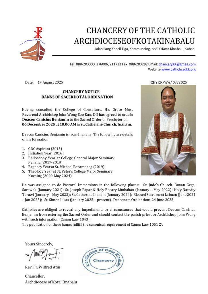 CHANCERY NOTICE: BANNS OF SACERDOTAL ORDINATION – DEACON CANISIUS BENJAMIN