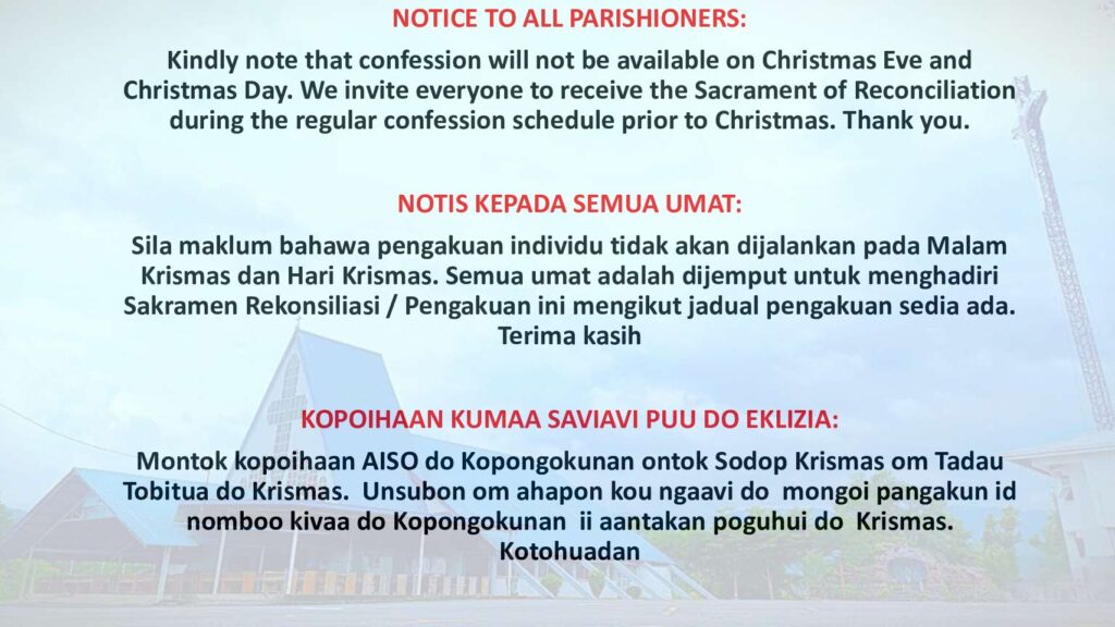 ANNOUNCEMENT – CONFESSION WILL NOT BE AVAILABLE ON CHRISTMAS EVE & CHRISTMAS DAY