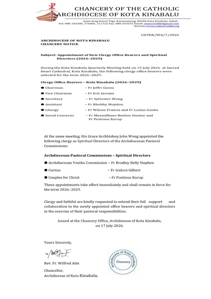 CHANCERY NOTICE: APPOINTMENT OF NEW CLERGY OFFICE BEARERS AND SPIRITUAL DIRECTORS (2026 – 2029)